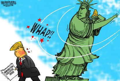 Political Cartoon U.S. Donald Trump Lady Liberty immigration executive order