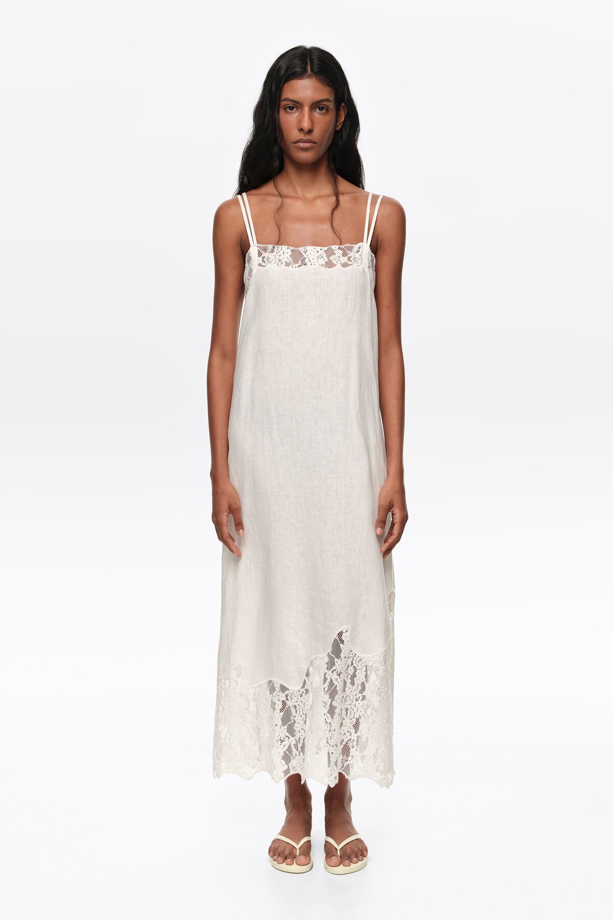 White Washed Linen Lace Midi Dress