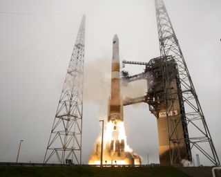 The U.S. Air Force's GPS IIF-9 satellite blasts off from Florida's Cape Canaveral Air Force Station atop a United Launch Alliance Delta 4 Heavy rocket on March 25, 2014.
