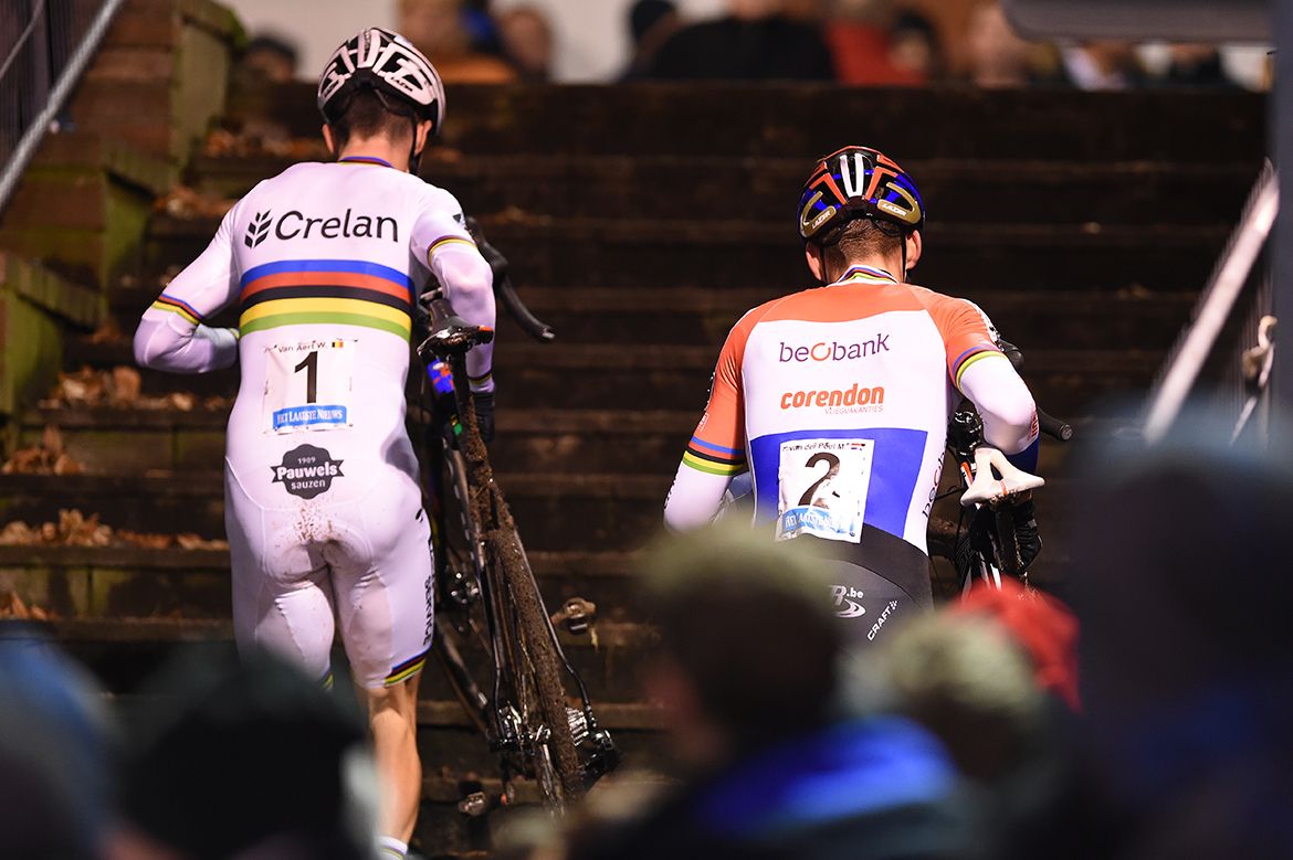 Wout Van Aert (Crelan-Vastgoedservice) leads Mathieu van der Poel (Beobank-Corendon) up the steps in Diegem.