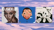 Album covers of 'Eusexua' by FKA Twigs, 'Balloonerism' by Mac Miller, and 'The Human Fear' by Franz Ferdinand on a snowy background