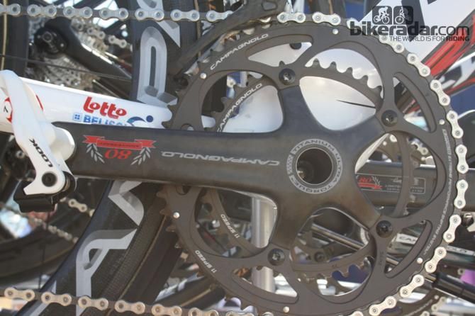 Greipel&rsquo;s spare bike is fitted with a limited edition Campagnolo 80th birthday Super Record 11 groupset