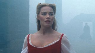 Margot Robbie with red dress in Wuthering Heights