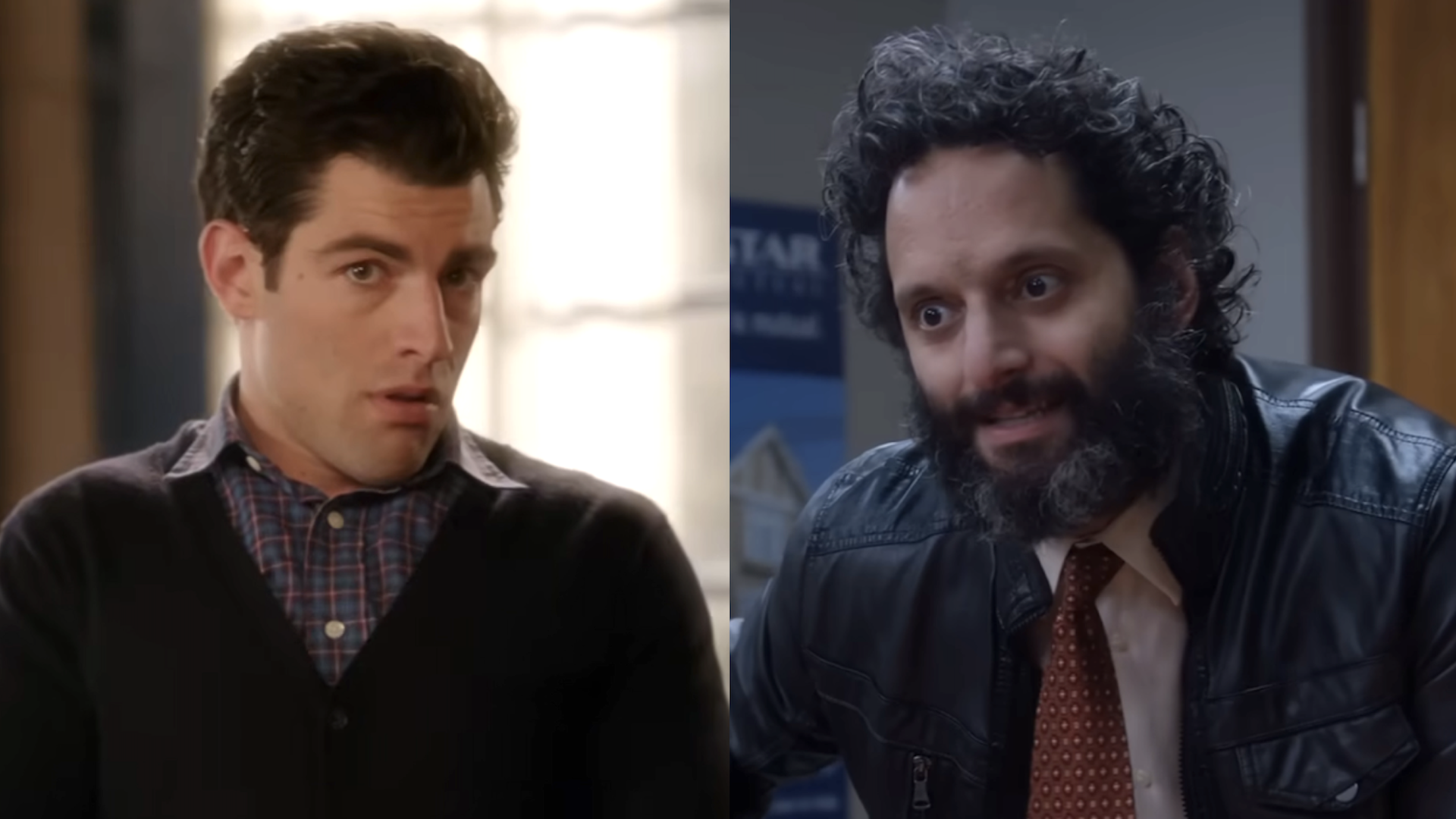 Max Greenfield as Schmidt in New Girl and Jason Mantzoukas as Pimento in Brooklyn Nine-Nine