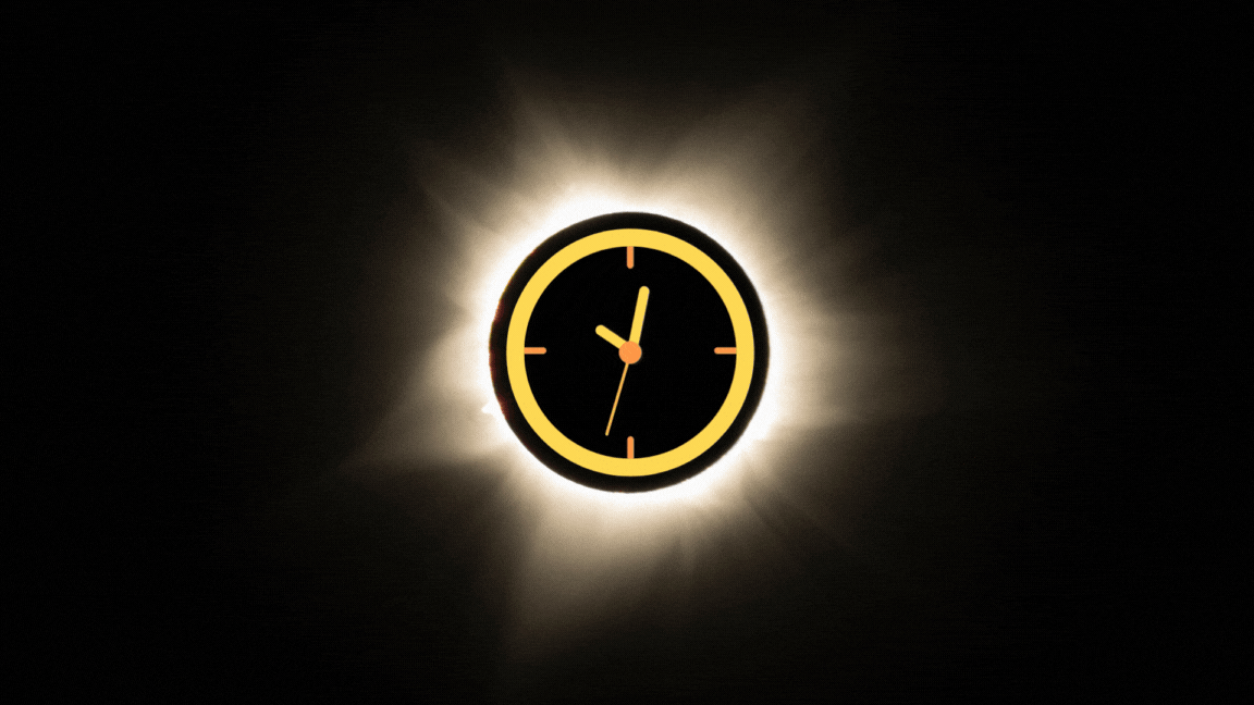 A graphic illustration showing an image of a total solar eclipse with a moving clock face on the inside.
