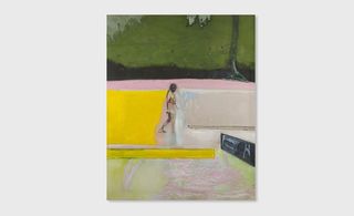 Abstract painting of figure by an outdoor swimming pool
