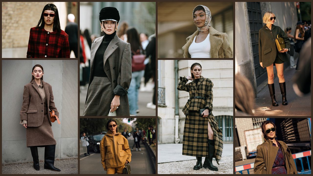 A multi-image collage of the country style trend at fashion week, featuring women wearing barn jackets, riding boots, trench coats, tartan, rain boots, and tweed blazers