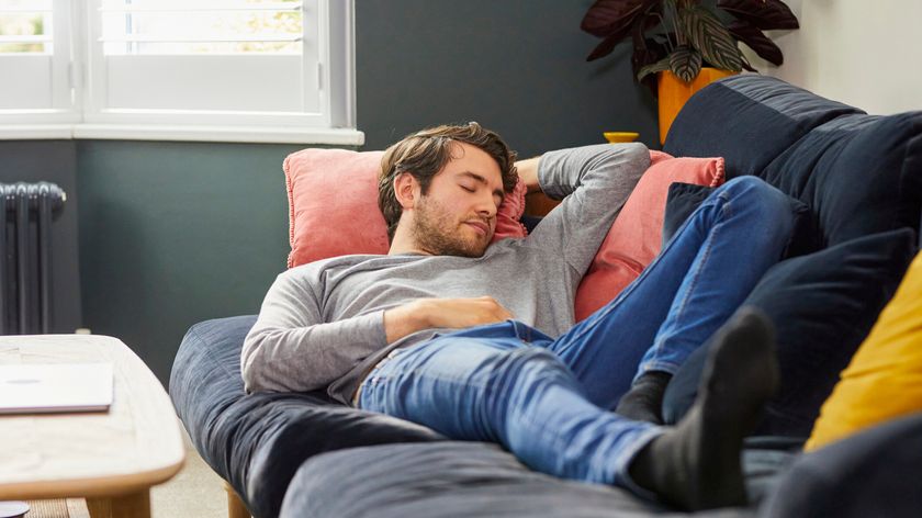 Man sleeping on the couch in a brightly lit living room