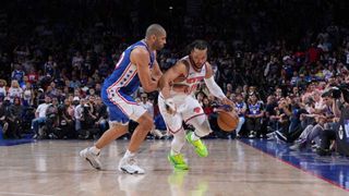Jalen Brunson #11 of the New York Knicks dribbles the ball during the game against the Philadelphia 76ers during Round 1 Game 6 of the 2024 NBA Playoffs on May 2, 2024