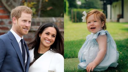 Prince Harry and Meghan Markle's Daughter Lilibet's first birthday portrait sitting in grass smiling in blue dress