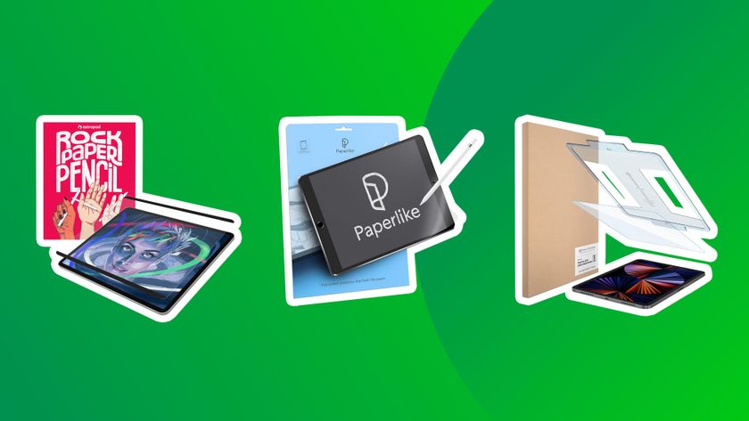 three of the best screen protectors for iPad on a green background