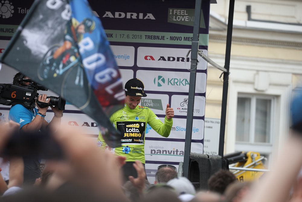 Primoz roglic in the leader's jersey at Tour de Slovenie