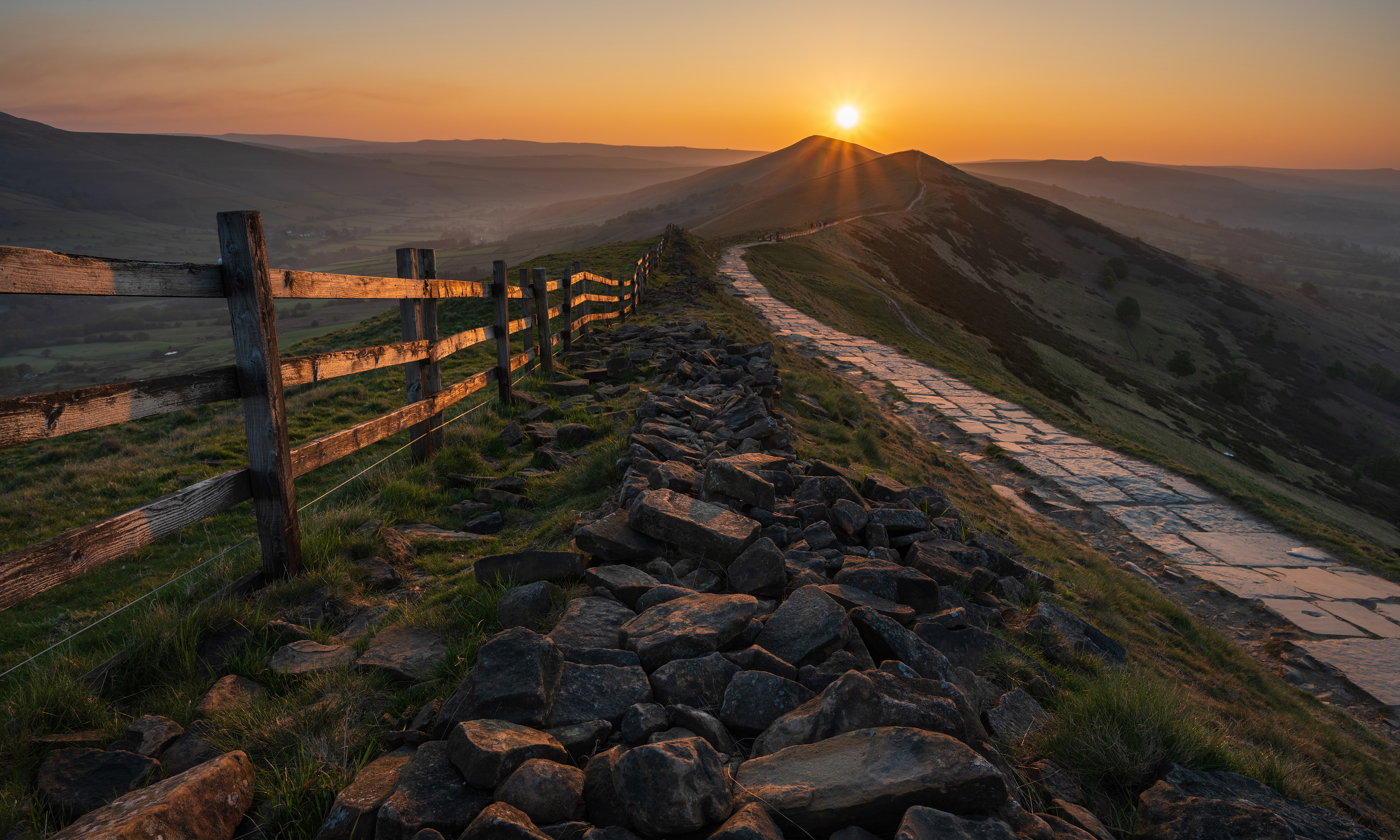 This warm, tranquil scene looks east along the Great Ridge in the Peak District National Park.