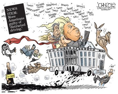 Political Cartoon U.S. President Trump distracted driving tweets White House policy