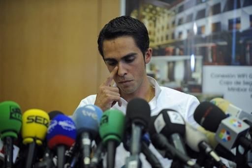 An emotional Alberto Contador during his press conference in his home town of Pinto