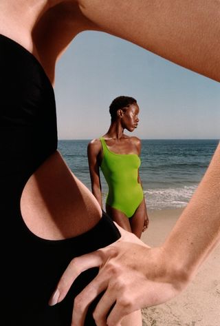 Models wear cutaway swimsuits by Rudi Gernreich