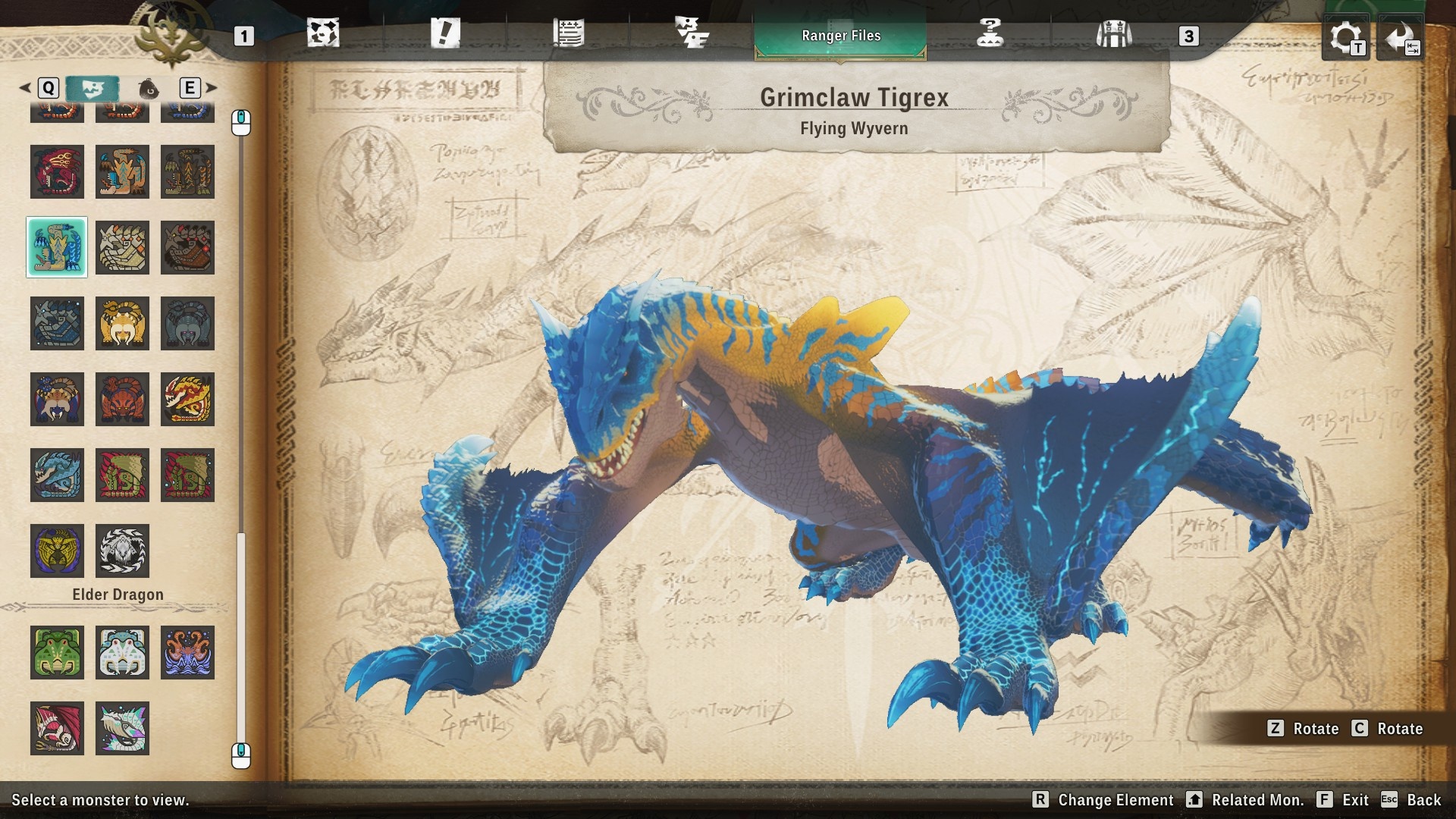 Monster Hunter Stories 3 Grimclaw Tigrex monster mutation - A blue and yellow wyvern-like creature