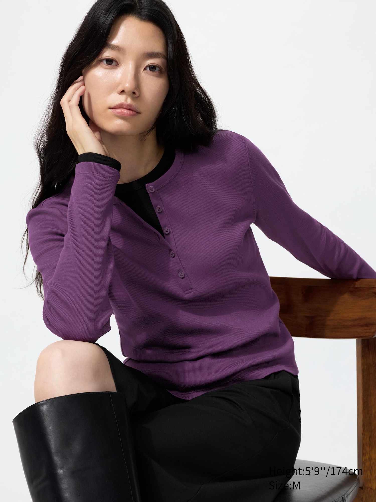 Ribbed Henley Neck Long Sleeve T-Shirt