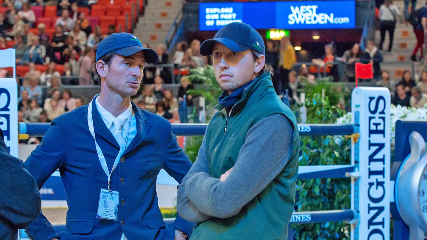 GOTHENBURG, SWEDEN - APRIL 07: Swiss riders Steve Guerdat and Martin Fuchs inspect the course ahead of competing in the final round of the Longines FEI Jumping World Cup Final during the Gothenburg Horse Show 2019 at Scandinavium Arena on April 07, 2019 in Gothenburg, Sweden. (Photo by Julia Reinhart/Getty Images)