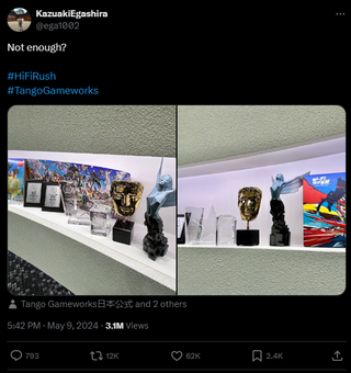 A post on Twitter/X reading: "Not enough?" With an image of several awards given to Hi-Fi Rush.
