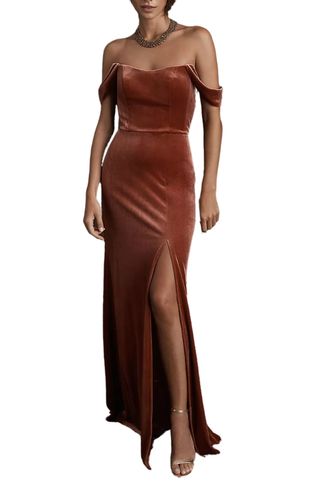 Jenny Yoo Issa Off-The-Shoulder Stretch Velvet Column Gown