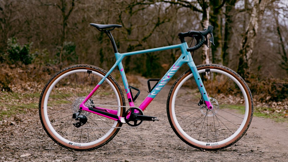 The Grizl Throwback gravel bike side on with blue and pink paint