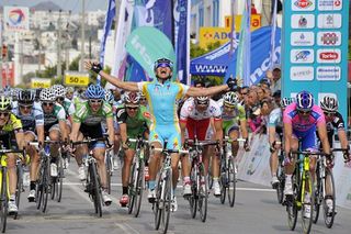 Valentin Iglinskiy (Astana) celebrates his victory in stage 3 of the Presidential Cycling Tour of Turkey.
