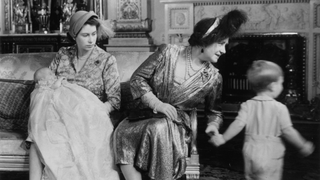 21st October 1950: Elizabeth (1900 - 2002), consort of King George VI, with her daughter, later Queen Elizabeth II, and grandchildren Charles and Anne, at Princess Anne's christening
