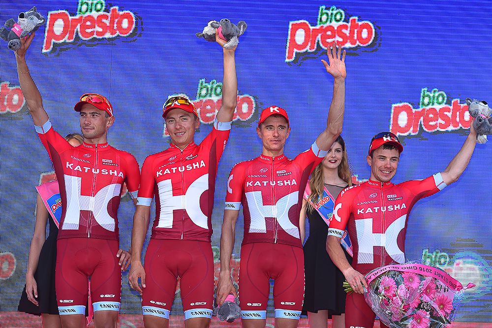 Katusha on the Giro's stage 3 podium.