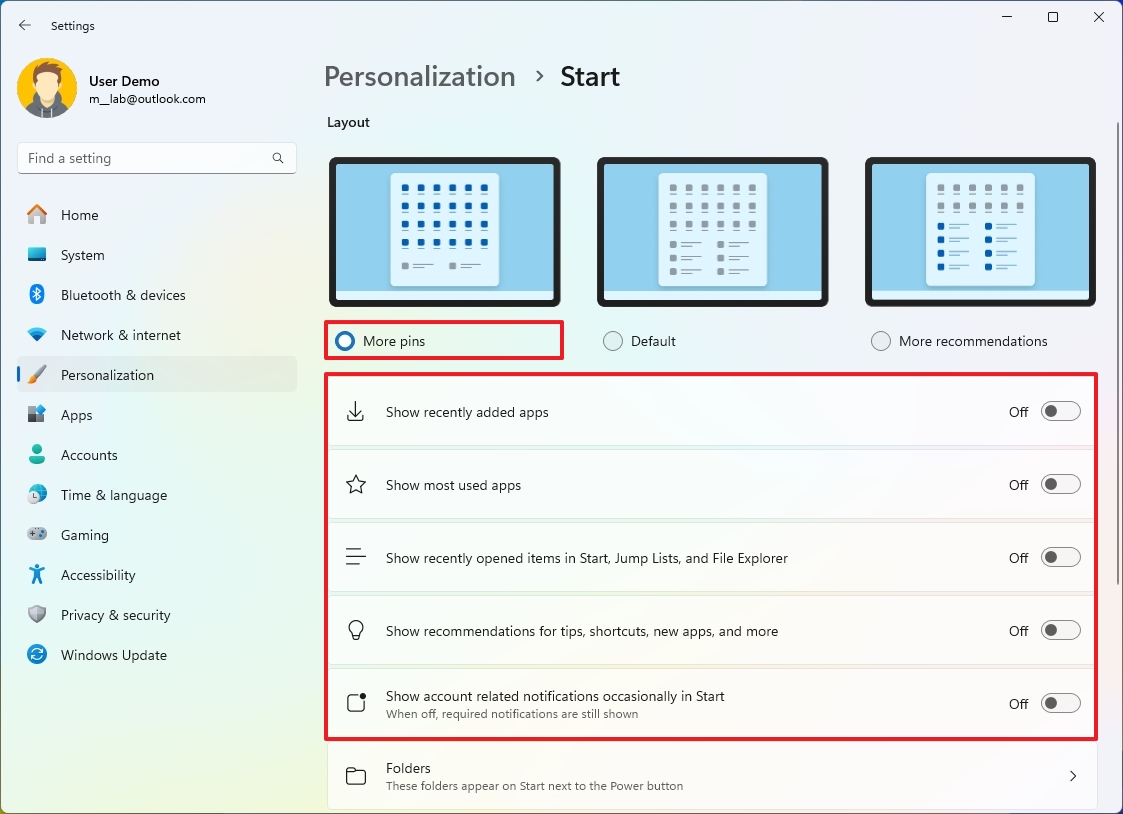 Windows 11 disable Start recommendations