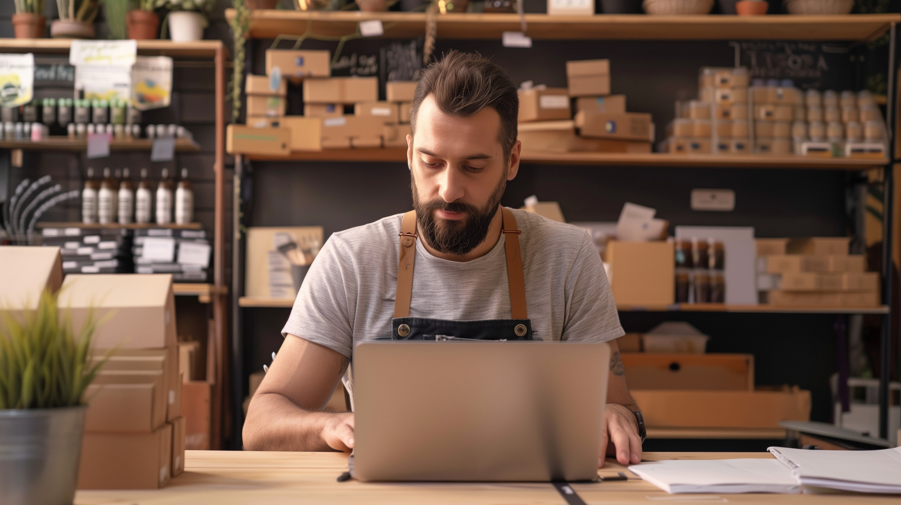 A small business owner looking at their books on a laptop.