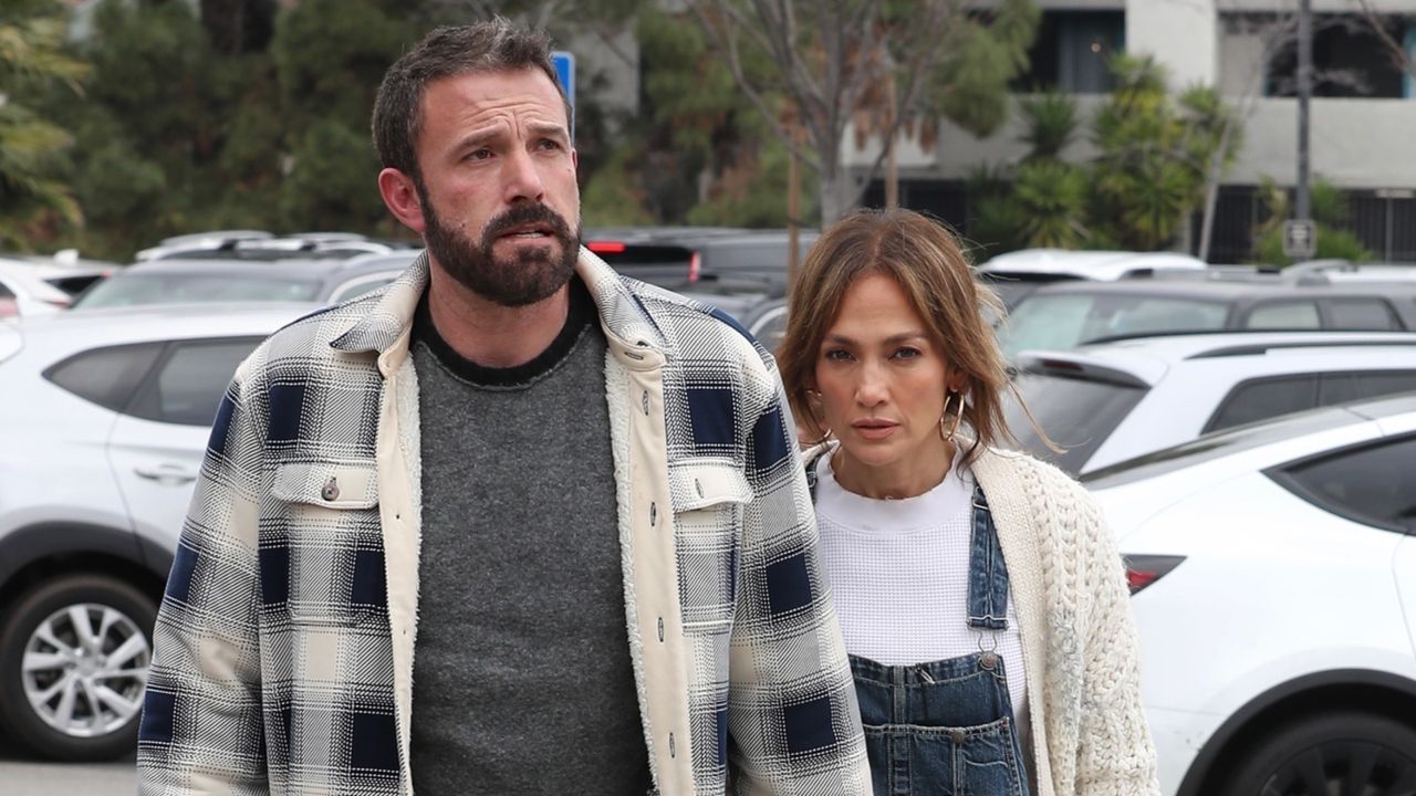 Ben Affleck and Jennifer Lopez wearing cozy outfits on a daytime date