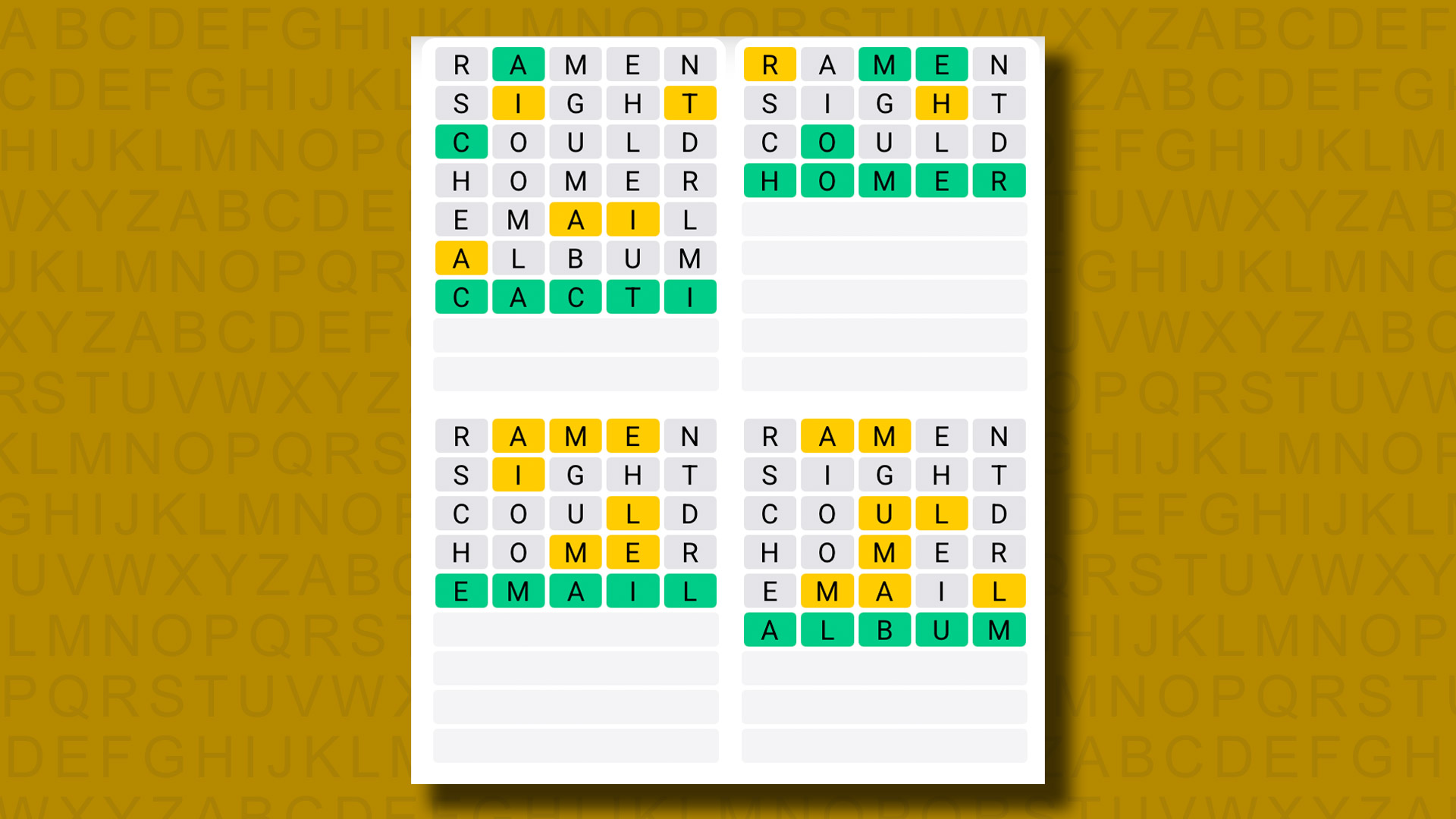Quordle answers for game 1297 on a yellow background