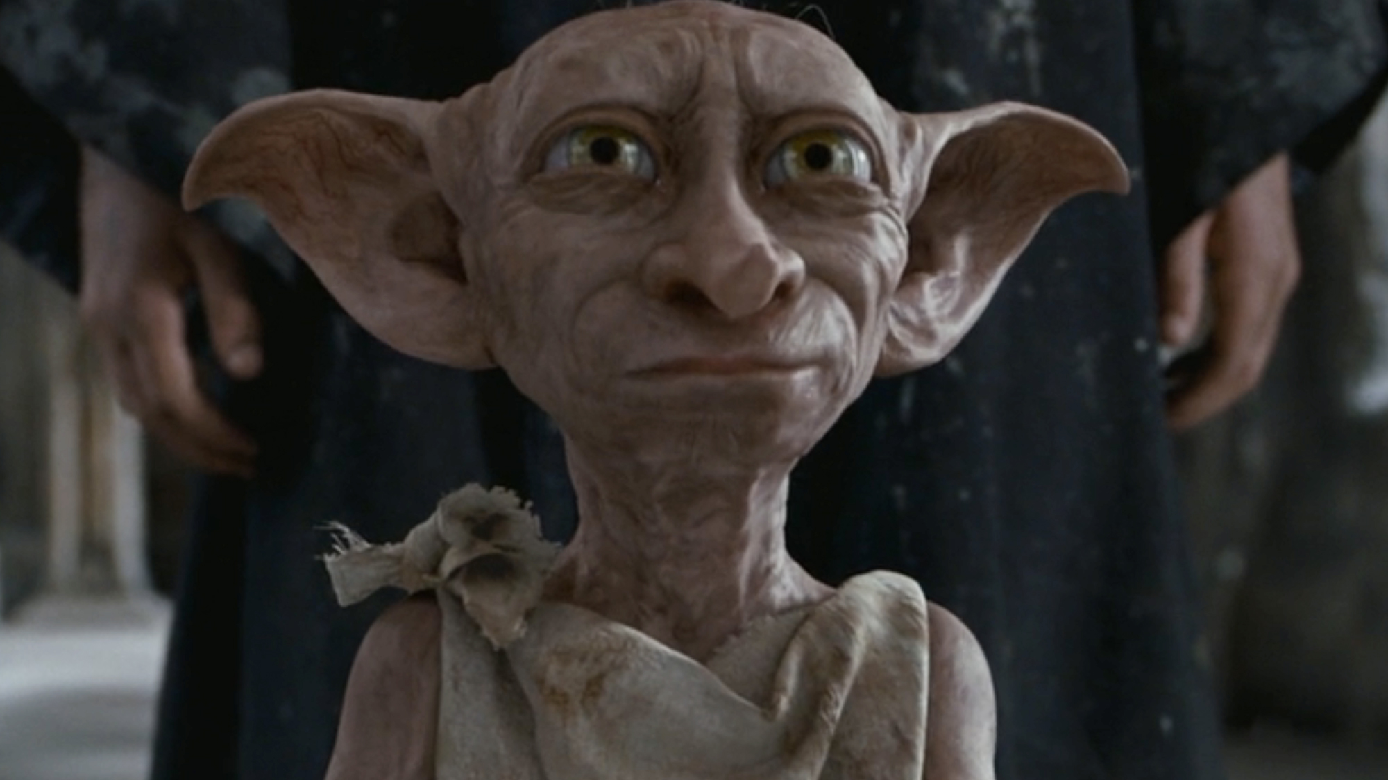 Dobby the house elf stands, dressed in nothing but an old sack, triumphant look in his eye as he protects Harry in Harry Potter and the Chamber of Secrets.