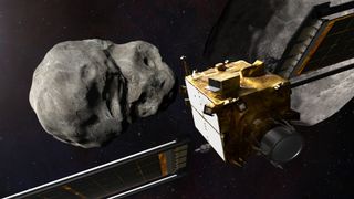 boxy spacecraft approaching space rock