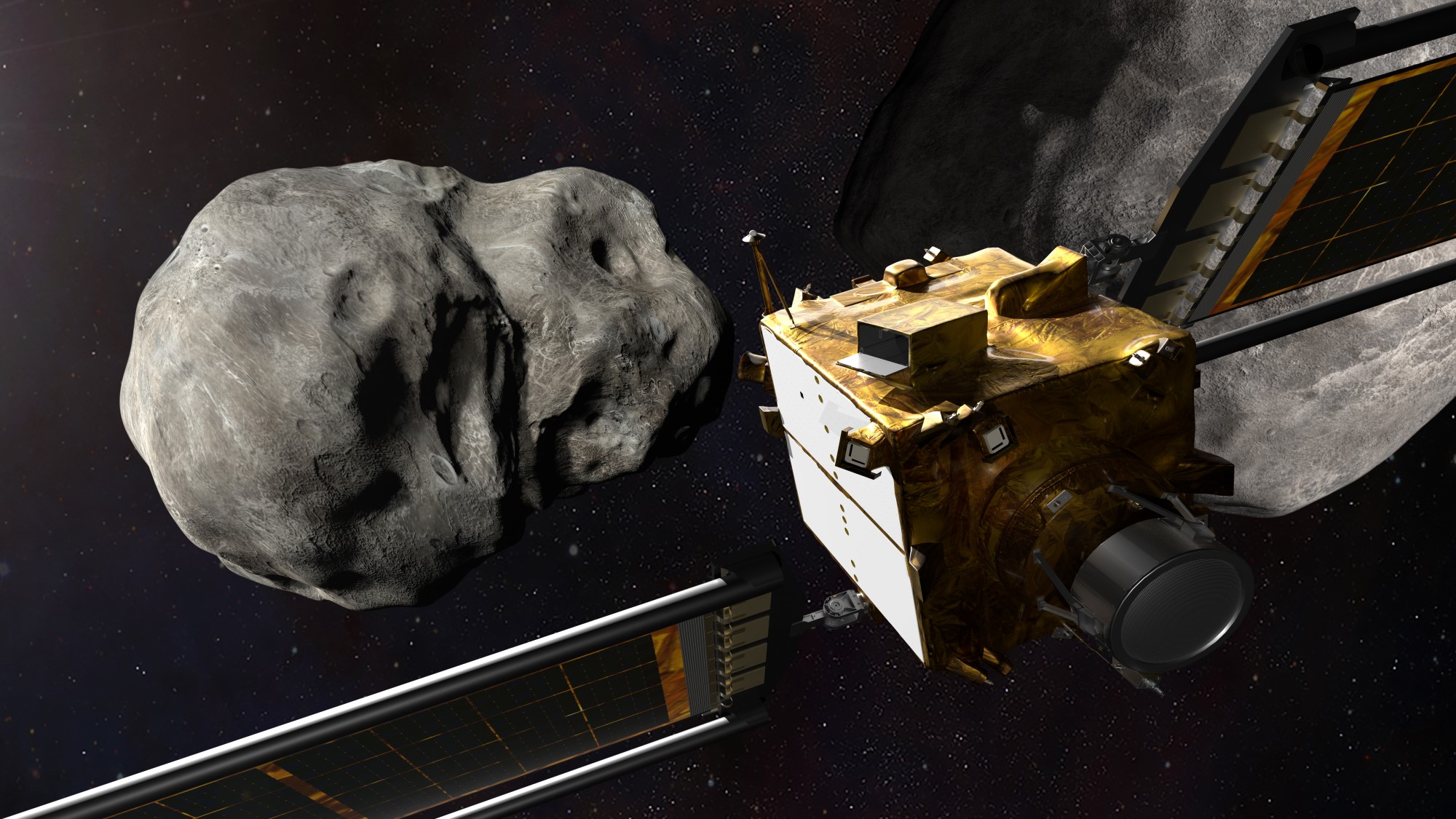 boxy spacecraft approaching large rock