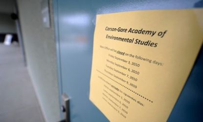 A sign is posted on a door at the Carson-Gore Academy of Environmental Sciences on September 7, 2010 in Los Angeles, California. 