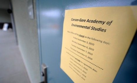 A sign is posted on a door at the Carson-Gore Academy of Environmental Sciences on September 7, 2010 in Los Angeles, California. 