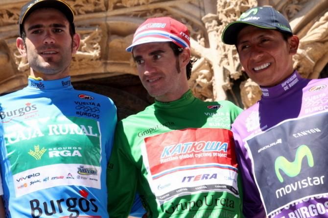 Family photo with Llu&iacute;s Mas (Caja Rural, Intermediate Sprints winner &ndash; left), Dani Moreno (Katusha, Points Classification winner &ndash; center) and Nairo Quintana (Movistar Team, Overall winner &ndash; right)