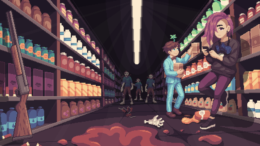 Key art for Service With a Shotgun, showing two shop clerks preparing to fend off zombies