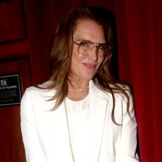 Brooke Shields poses at Joel Grey's 92nd Birthday bash at "Cabaret" on Broadway at The Kit Kat Club at The August Wilson Theatre on April 11, 2024 in New York City.