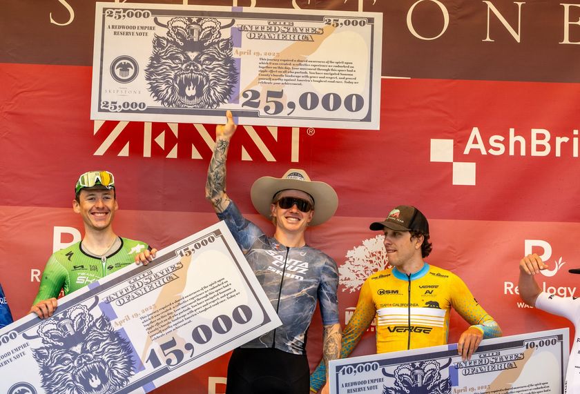 Two-time winner Keegan Swenson (centre) celebrates on the men&#039;s podium at The Growler 2025, riders sharing in a $156,000 prize purse split evenly between top 10 for elite women and men