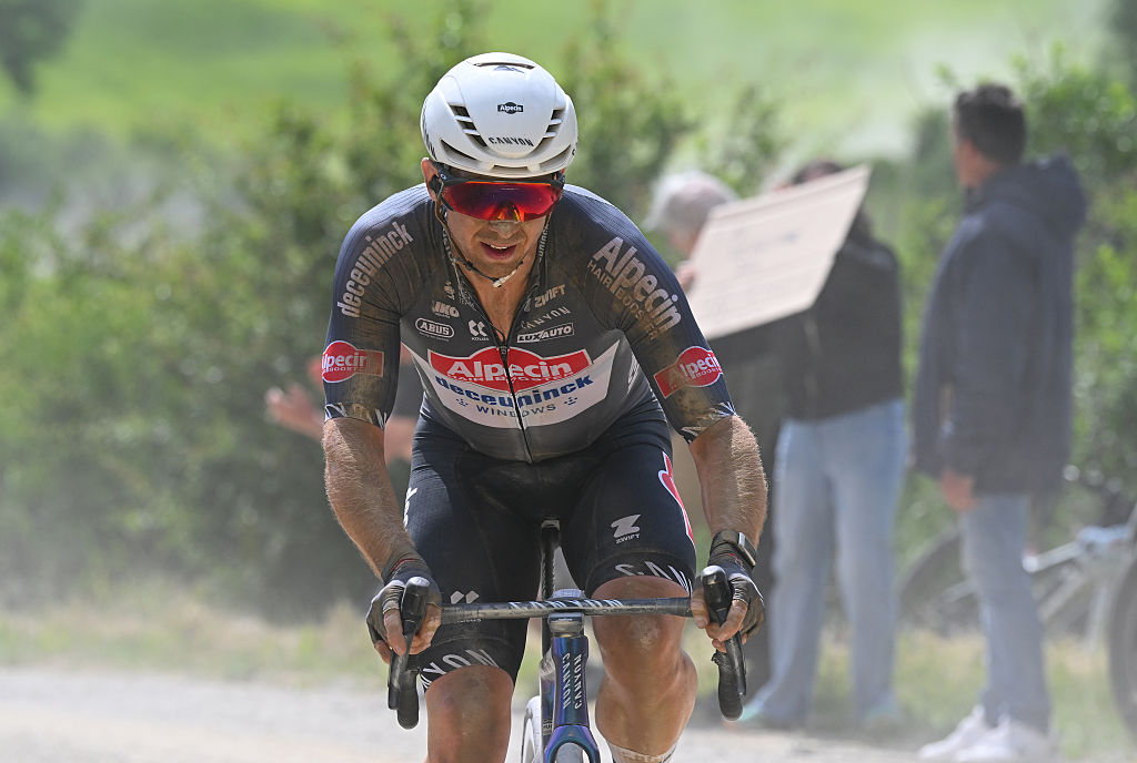 SIENA, ITALY - MAY 18: Kaden Groves of Australia and Team Alpecin - Deceuninck competes in the breakaway passing through a gravel strokes sector during the 108th Giro d'Italia 2025, Stage 9 a 181km stage from Gubbio to Siena / #UCIWT / on May 18, 2025 in Siena, Italy. (Photo by Tim de Waele/Getty Images)