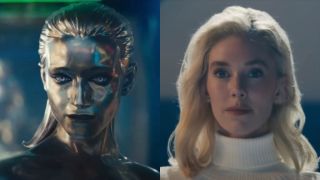 From left to right: Julia Garner as Silver Surfer and Vanessa Kirby as Sue Storm in The Fantastic Four: First Steps.