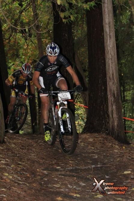 Cole House (Cashcall Cycling Team/616) leads Brian Matter (RACC/Trek/Gear Grinder) through the dark woods