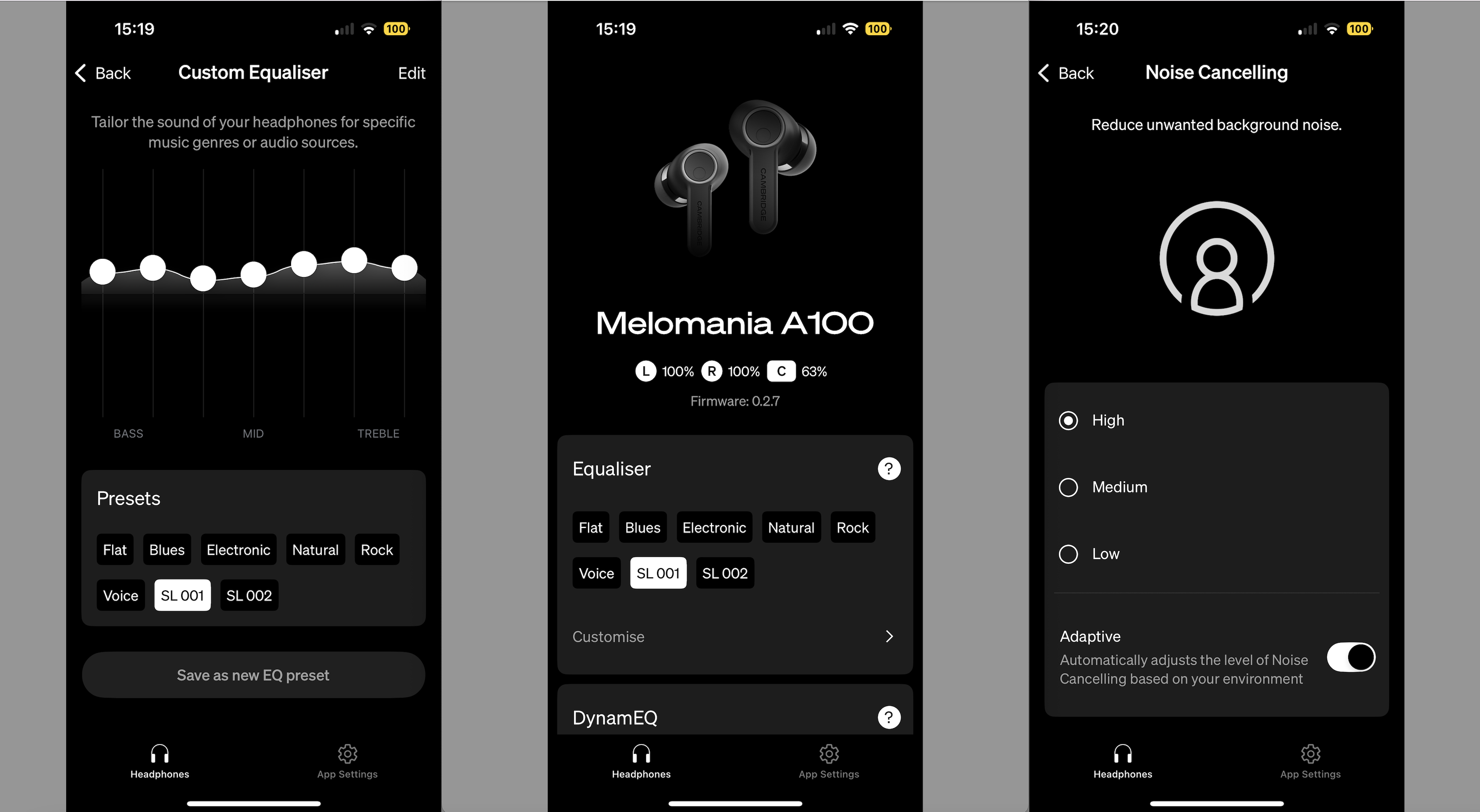 Screengrabs of the Cambridge Audio Melomania A100's companion app