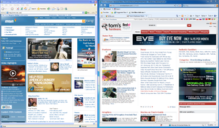 IE6 is on the left, and running in XP mode on the Windows 7 desktop. IE8 is on the right.