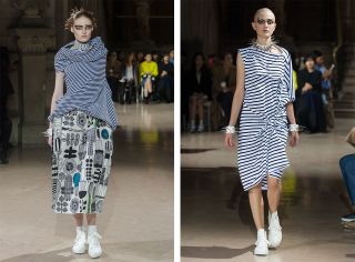 1 Model wearing black and white striped top, skirt and 1 model wearing black and white striped knee length dress