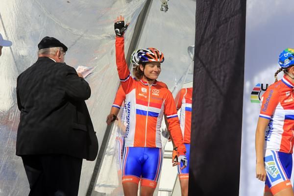 Pre-race favourite Marianne Vos (Netherlands) is introduced prior to the women's world championship road race.