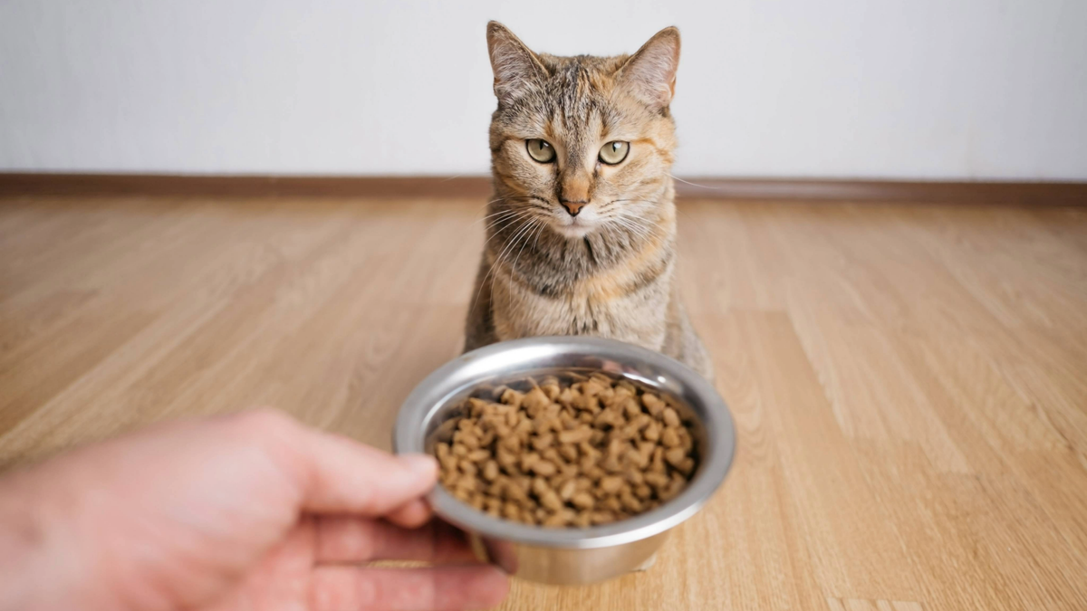 Person holding out dry cat food in a silver bowl. A cat not eating it behind it